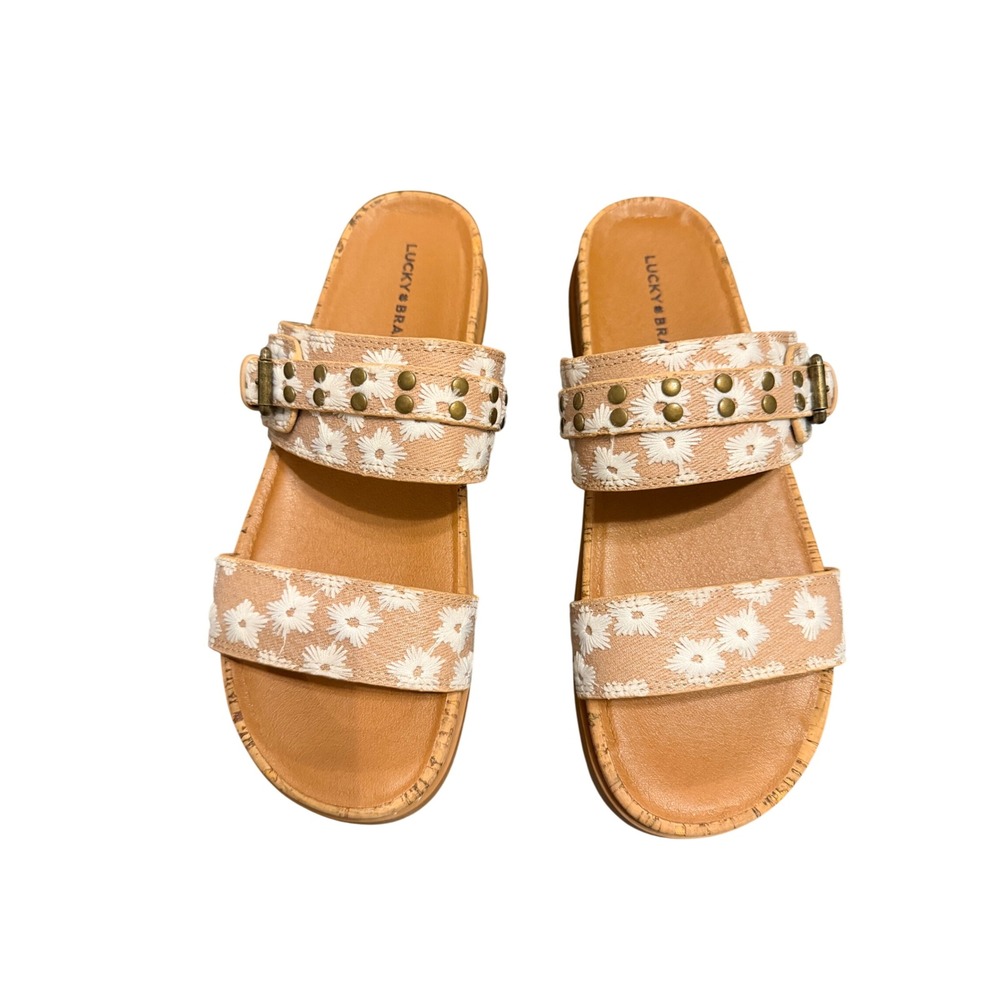 Lucky Brand Dineesa Natural Daisy Embroidered Studded Slide Sandals Size 8M NEW